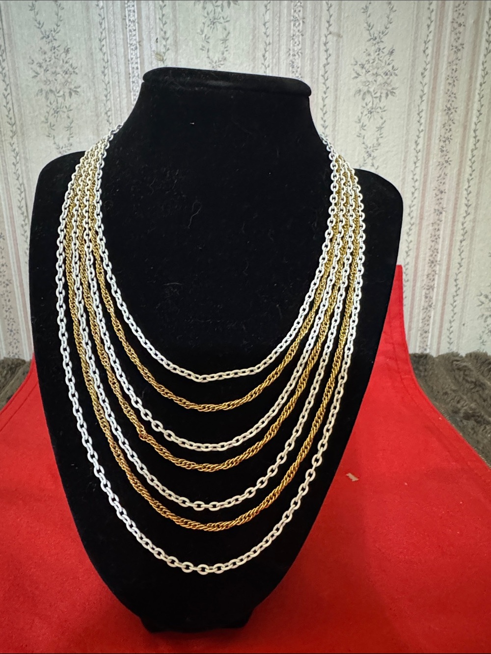 Vintage Trifari crown Gold and Silver 7 Multi-Strand Necklace Layered Design